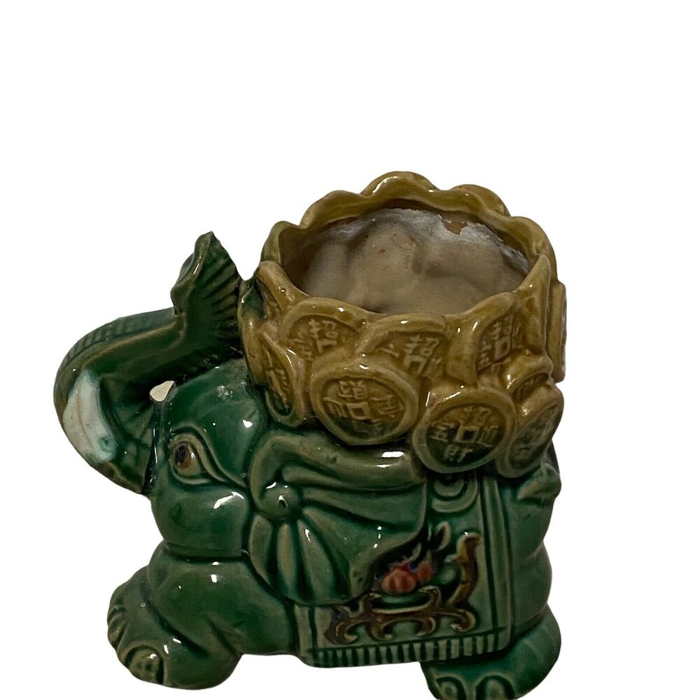Elephant with Raised Trunk 5 x 4.5 inch Ceramic Planter Pot Green